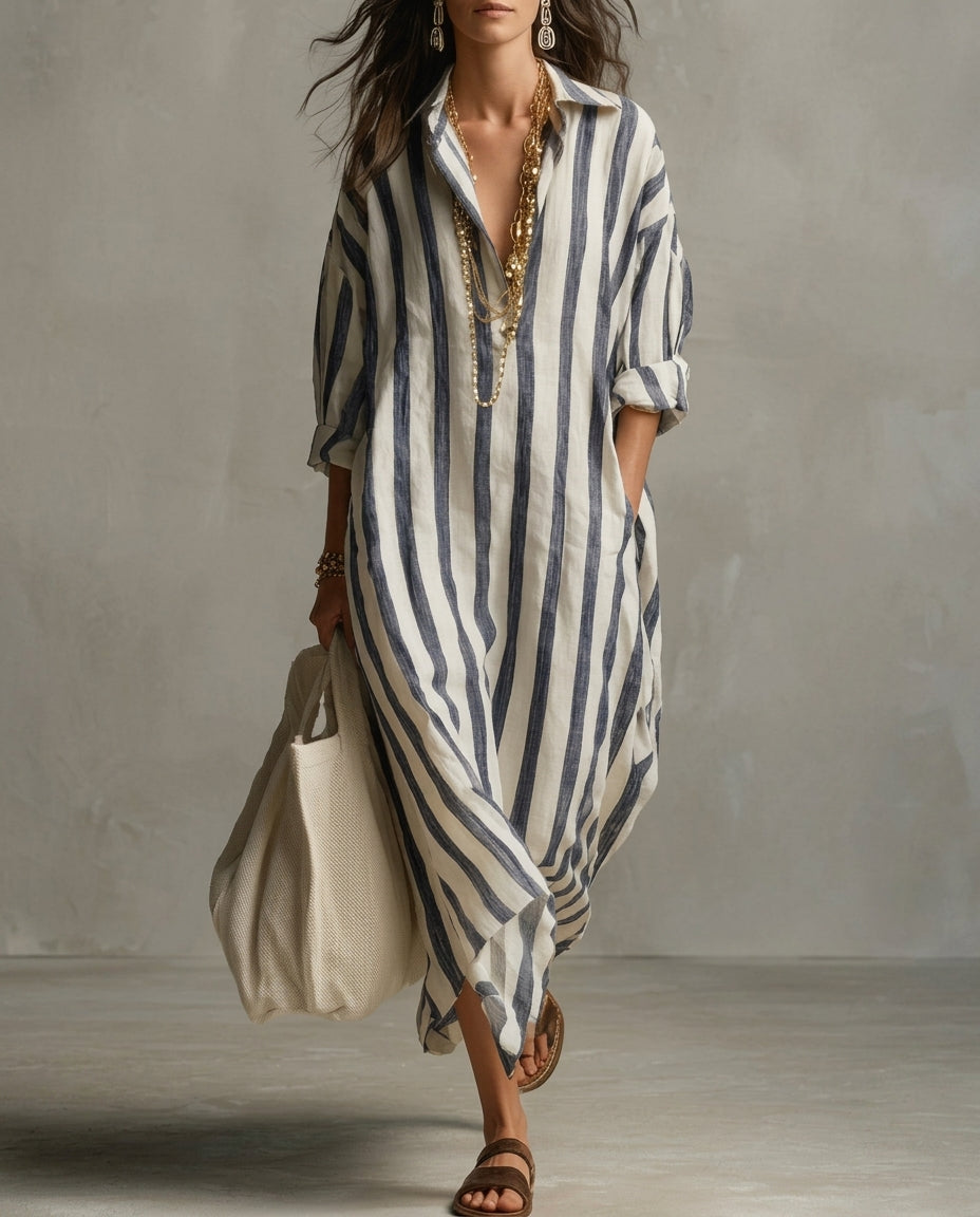 Thea Women's Lightweight Linen Blend Striped Shirt Dress, Blue / M