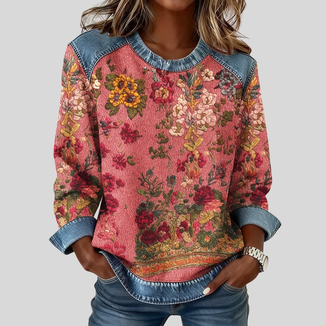 Rose Vintage Boho Floral Denim Sweatshirt