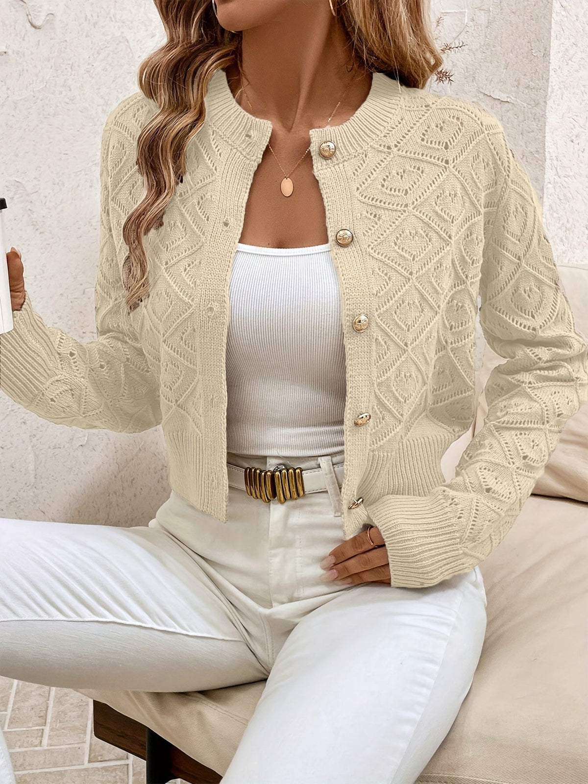 Juliet Lightweight Cropped Crochet Button Cardigan