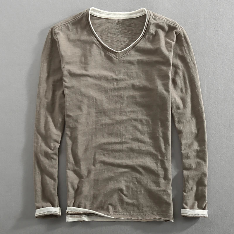 Quentin Cotton Layered V Neck Long Sleeve Tee