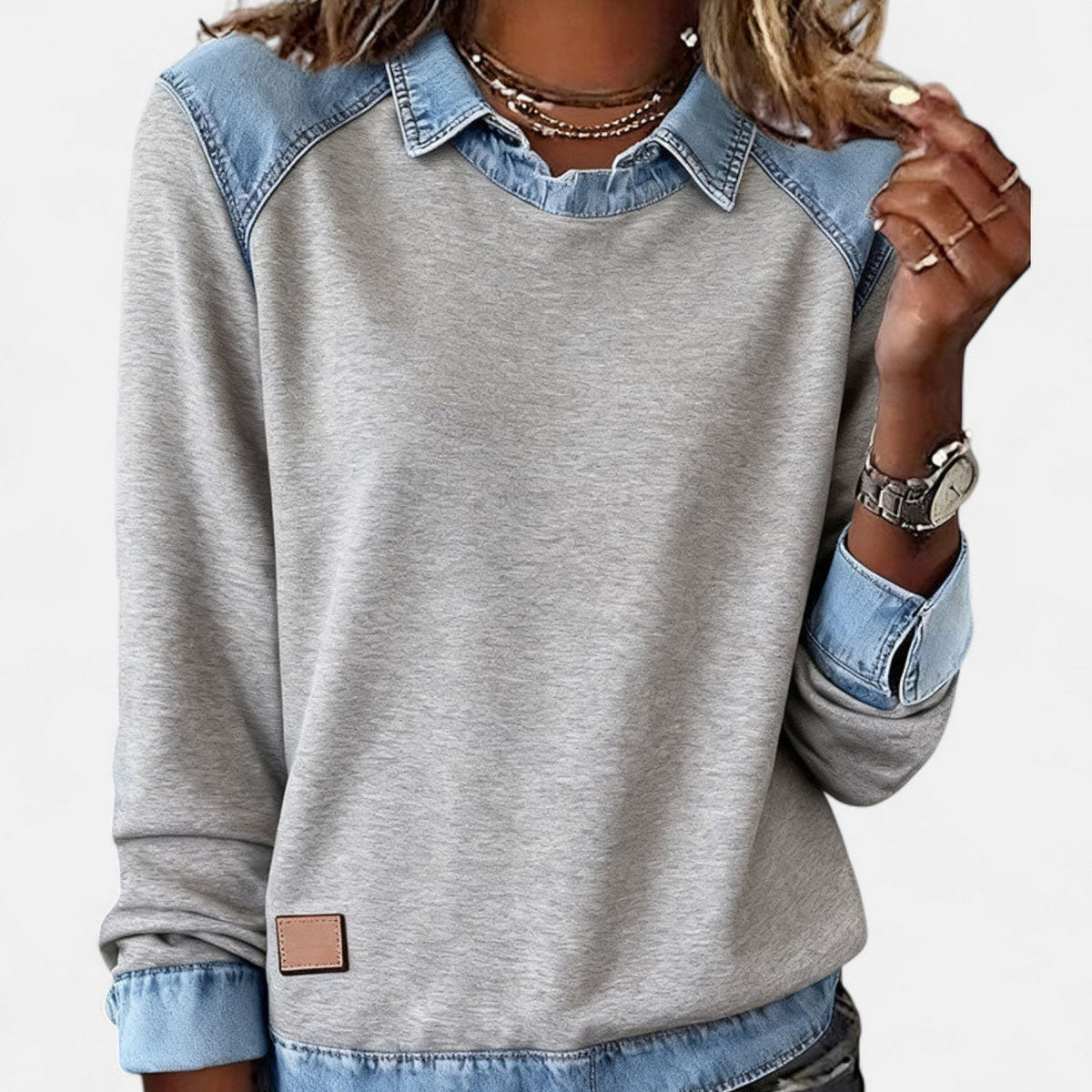 Marlowe Women’s Denim Collar Patchwork Pullover