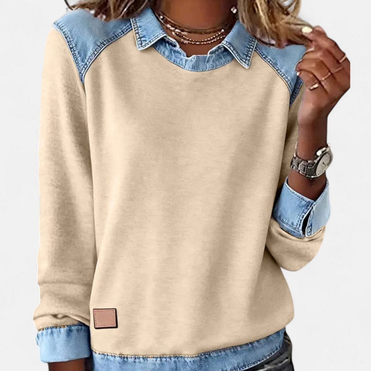 Marlowe Women’s Denim Collar Patchwork Pullover