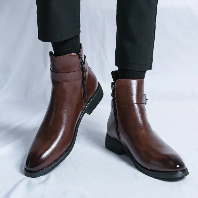 Harrison Buckled Side-Zip Leather Chelsea Boots