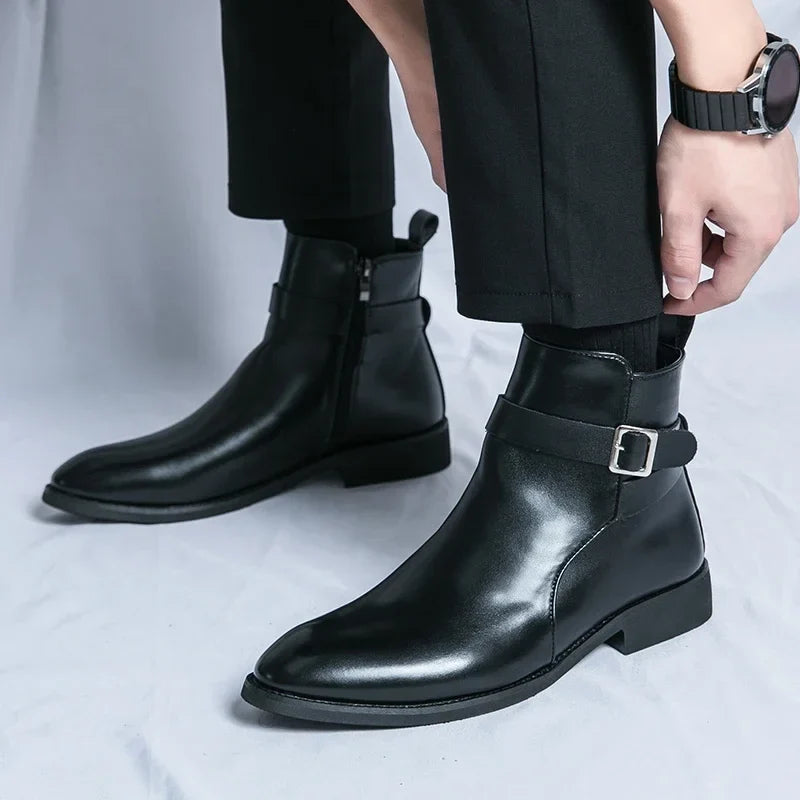 Harrison Buckled Side-Zip Leather Chelsea Boots