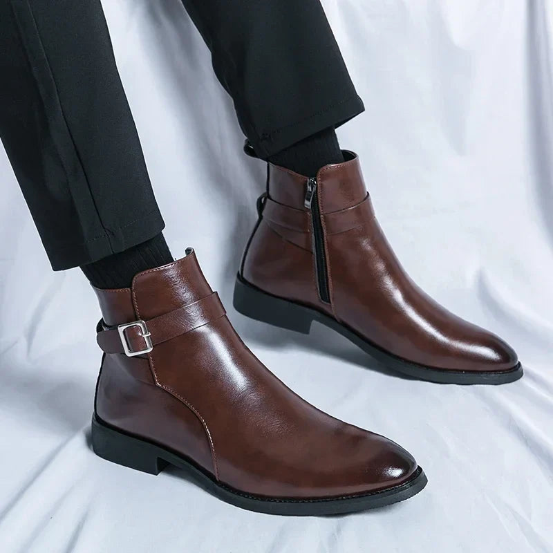 Harrison Buckled Side-Zip Leather Chelsea Boots