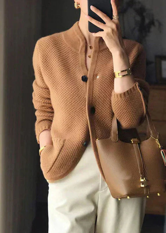 Rosalie Elegant Textured Stand Collar Button Cardigan