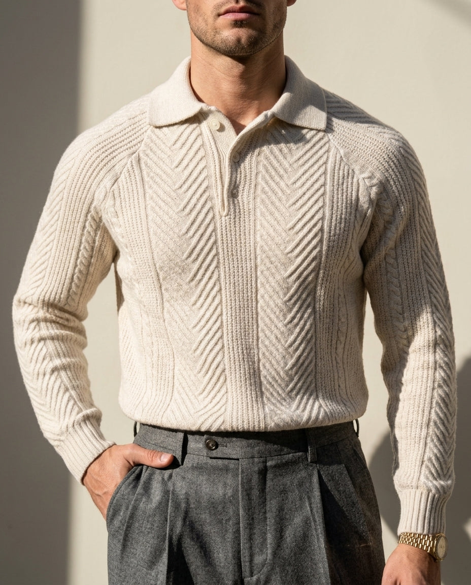 Colton Long Sleeve Chevron Knit Polo Sweater for Men