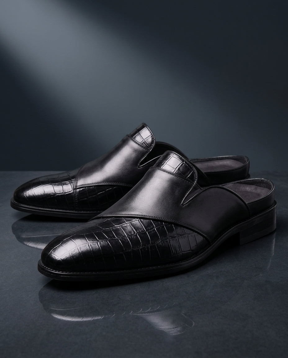 Vicenza Men's Cushioned Crocodile Leather Slip On Mules