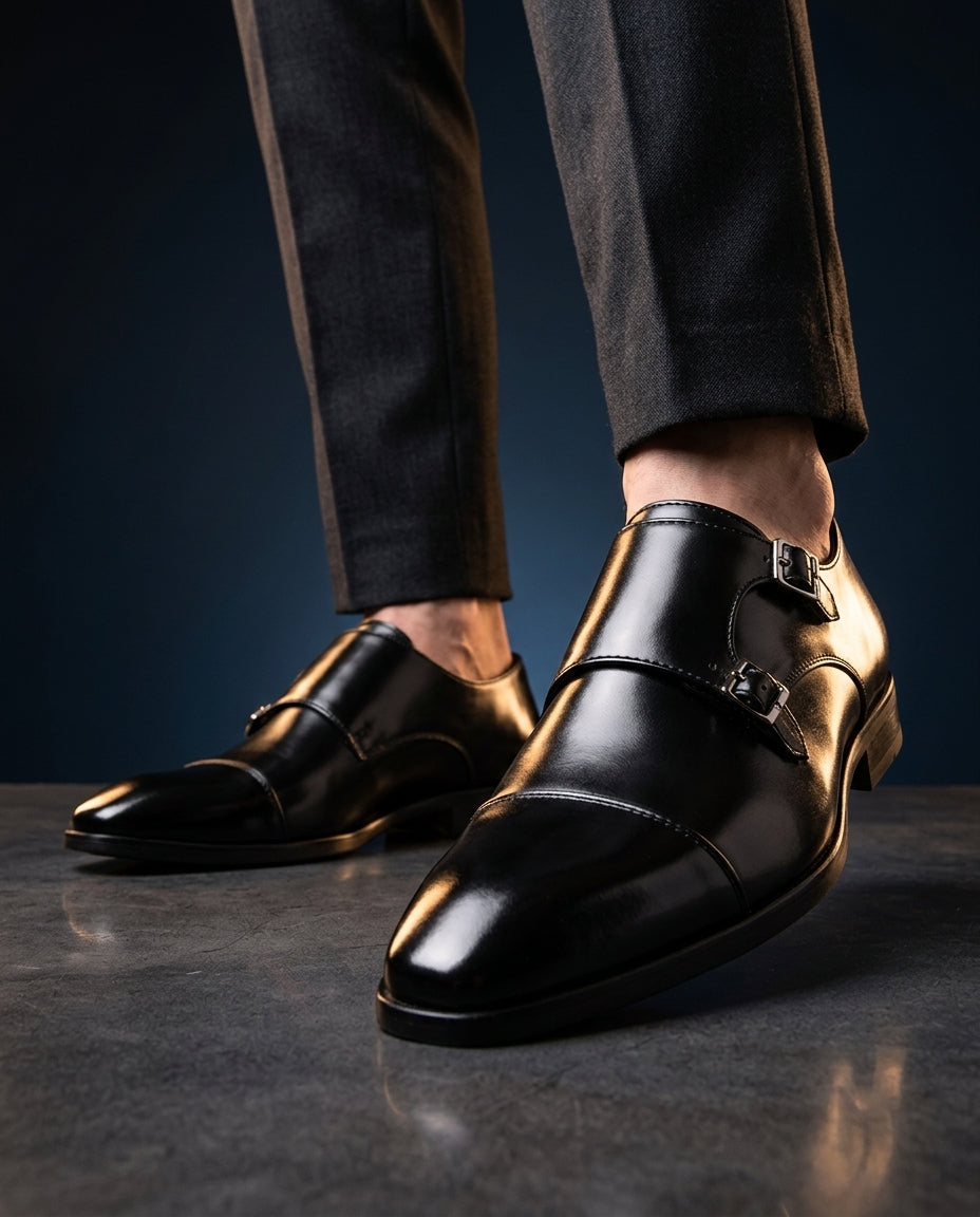Marcello Men's Lightweight Leather Monk Strap Dress Shoes