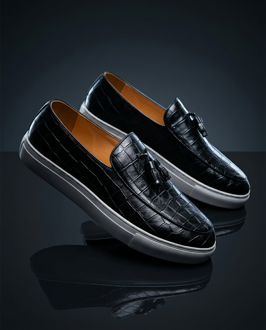 Bruno Men's Cushioned Croc Embossed Leather Tassel Loafers