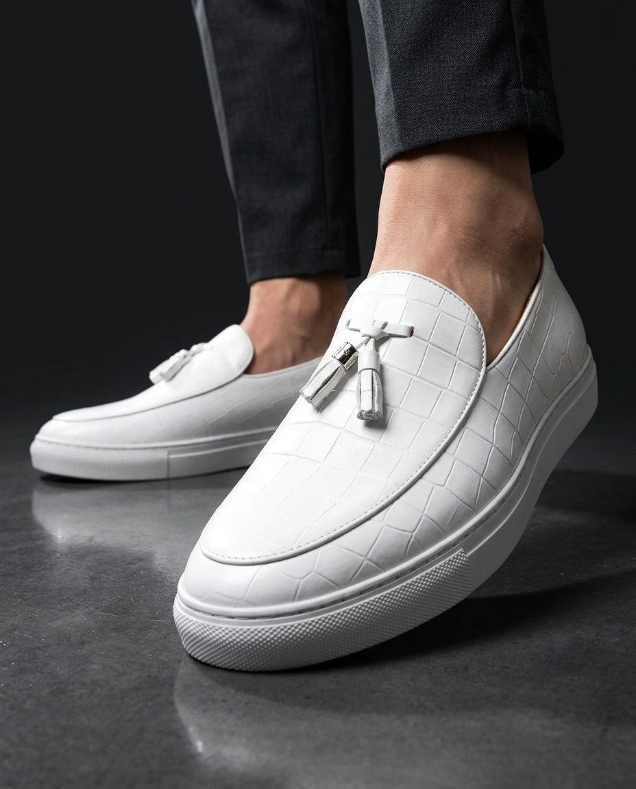 Bruno Men's Cushioned Croc Embossed Leather Tassel Loafers