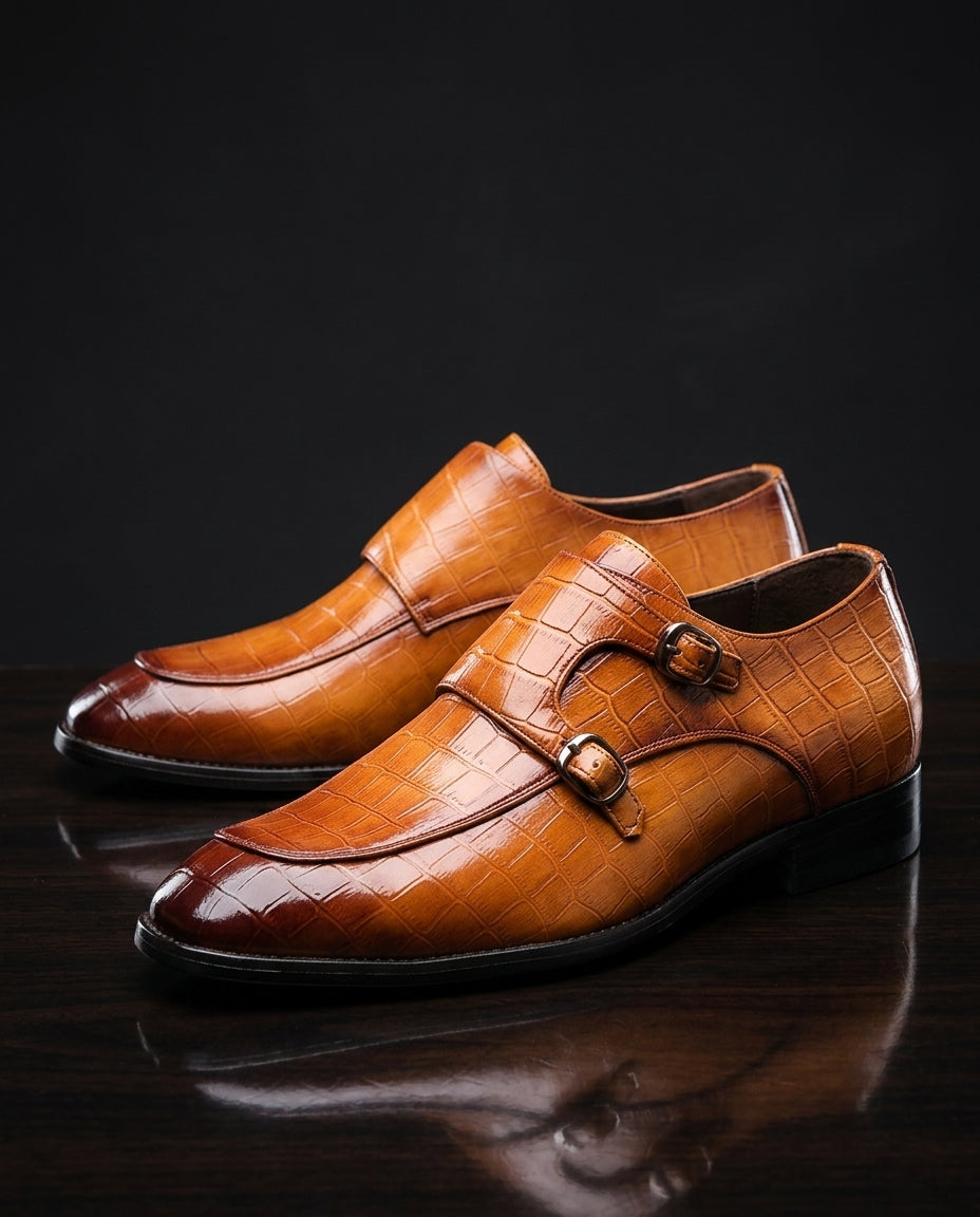 Renzo Men's Orthopedic Croc Embossed Leather Double Monk Strap Shoes