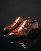 Renzo Men's Orthopedic Croc Embossed Leather Double Monk Strap Shoes