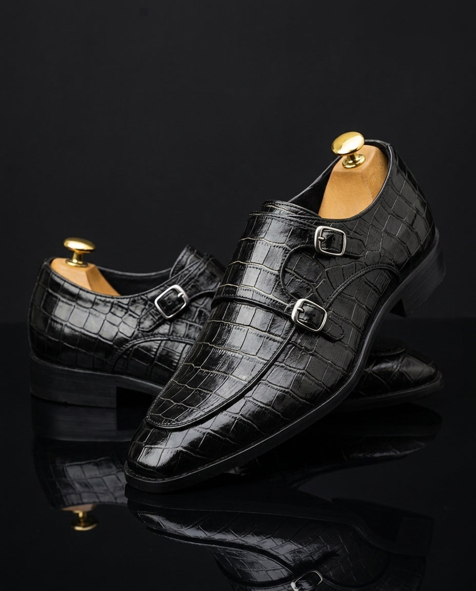 Renzo Men's Orthopedic Croc Embossed Leather Double Monk Strap Shoes