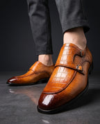 Renzo Men's Orthopedic Croc Embossed Leather Double Monk Strap Shoes
