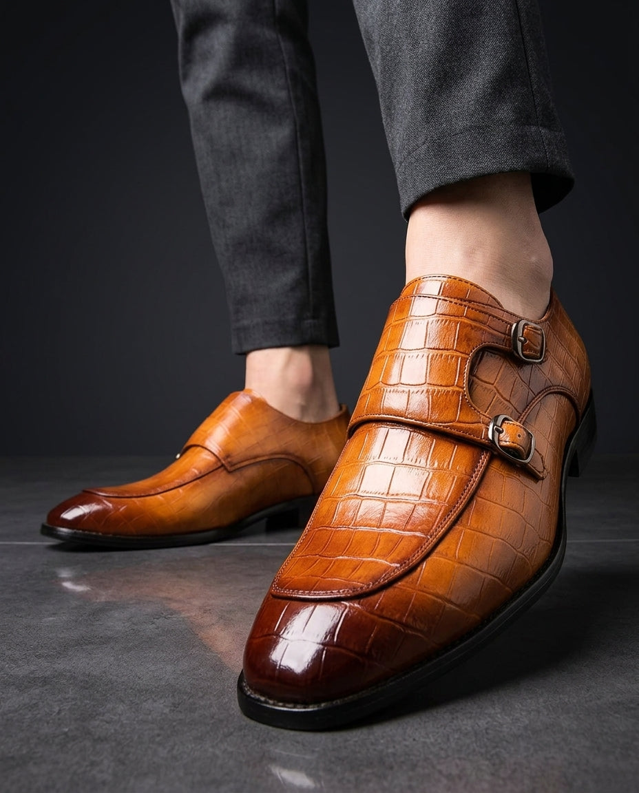 Renzo Men's Orthopedic Croc Embossed Leather Double Monk Strap Shoes