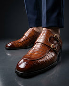 Renzo Men's Orthopedic Croc Embossed Leather Double Monk Strap Shoes