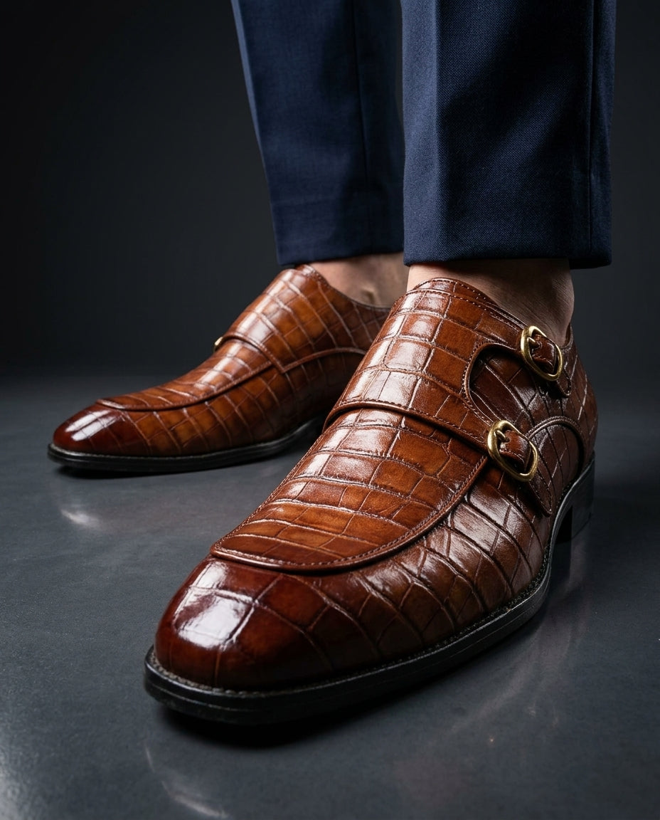 Renzo Men's Orthopedic Croc Embossed Leather Double Monk Strap Shoes