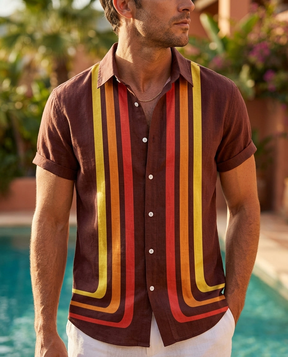Retro Sunset Men's Striped Short Sleeve Shirt