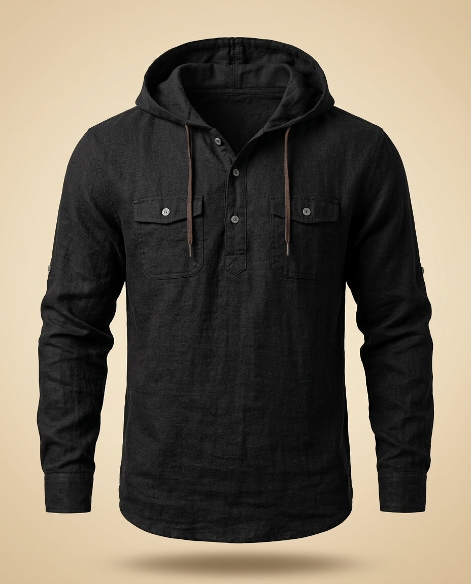 Asher Men's Breathable Cotton Hooded Henley Long Sleeve Shirt