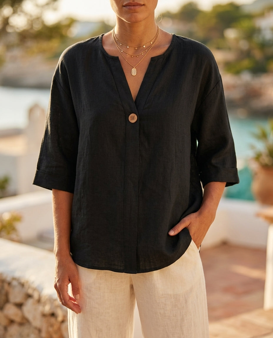 Margot Women's Breathable Cotton Linen V Neck Button Front Blouse