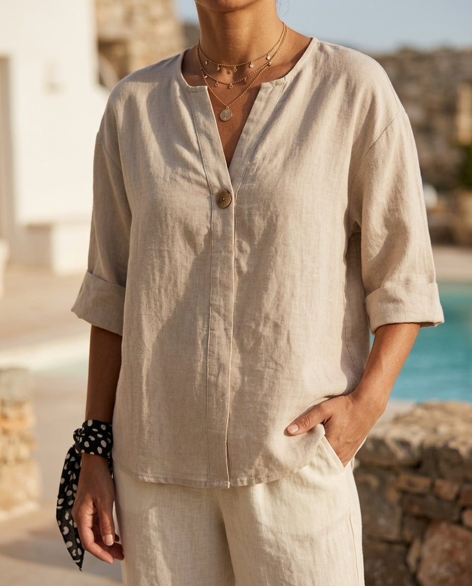 Margot Women's Breathable Cotton Linen V Neck Button Front Blouse