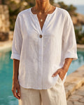 Margot Women's Breathable Cotton Linen V Neck Button Front Blouse