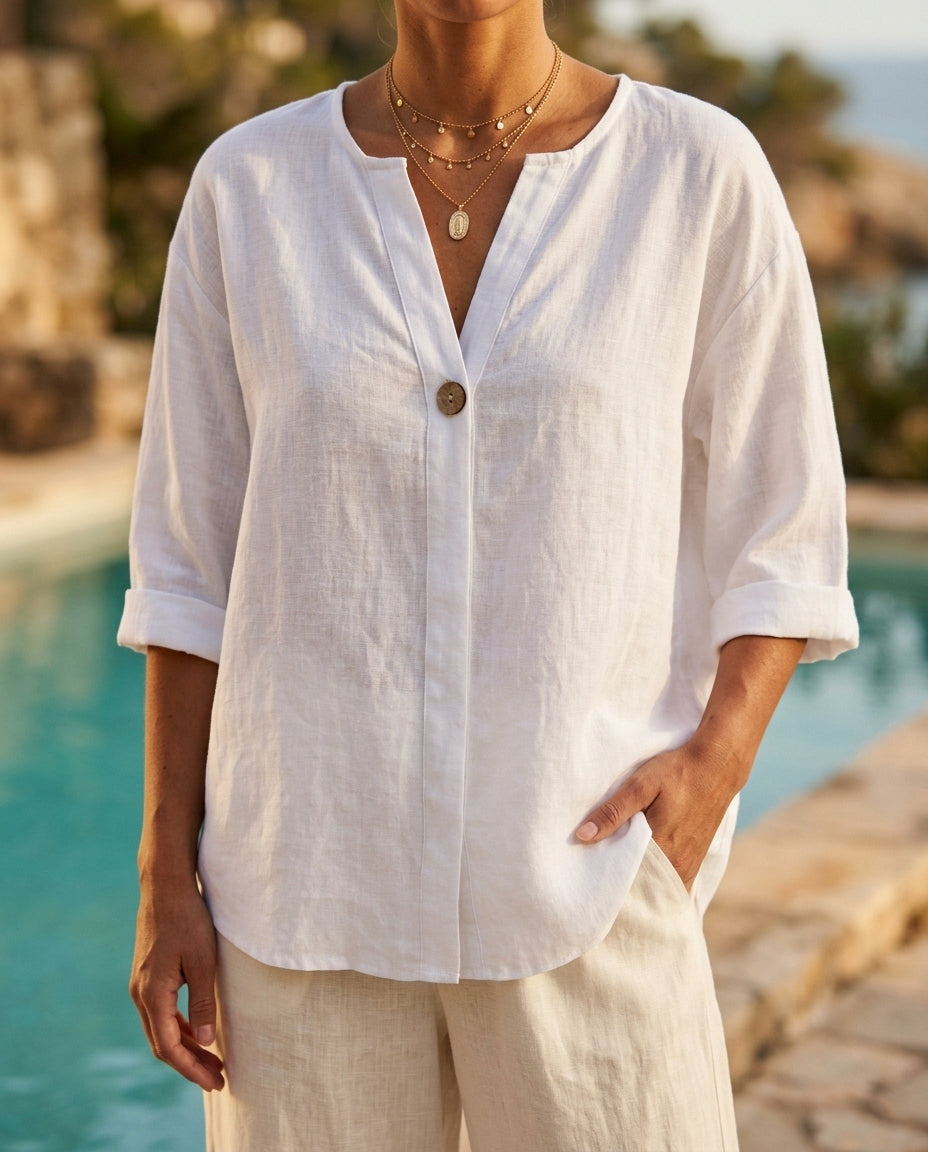 Margot Women's Breathable Cotton Linen V Neck Button Front Blouse