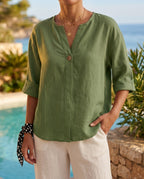 Margot Women's Breathable Cotton Linen V Neck Button Front Blouse