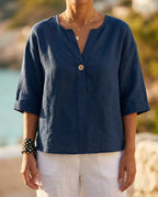 Margot Women's Breathable Cotton Linen V Neck Button Front Blouse