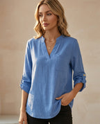 Juliette Women's Lightweight Cotton Linen V Neck Tunic Blouse