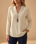 Juliette Women's Lightweight Cotton Linen V Neck Tunic Blouse