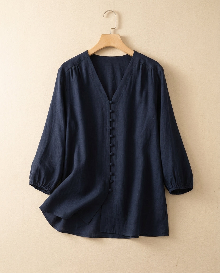 Colette Women's Breathable Textured V Neck Button Blouse