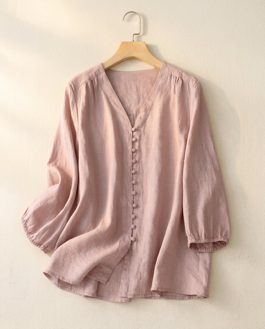 Colette Women's Breathable Textured V Neck Button Blouse