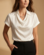 Vivienne Women's Satin Cowl Neck Short Sleeve Blouse