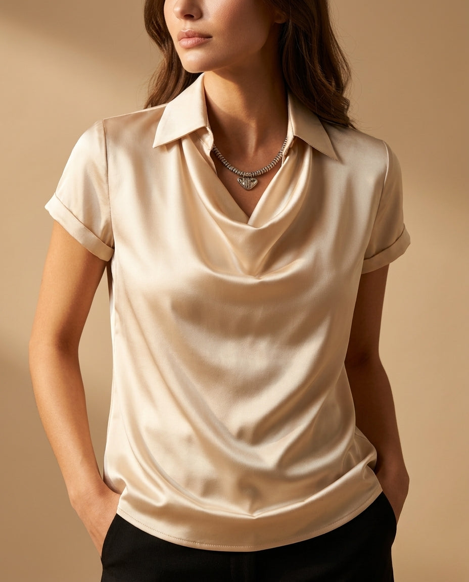 Vivienne Women's Satin Cowl Neck Short Sleeve Blouse