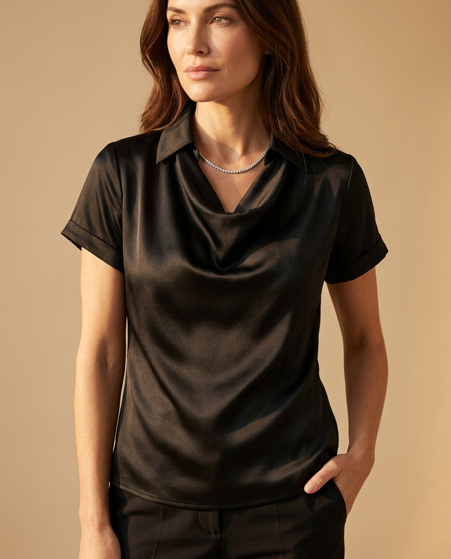 Vivienne Women's Satin Cowl Neck Short Sleeve Blouse