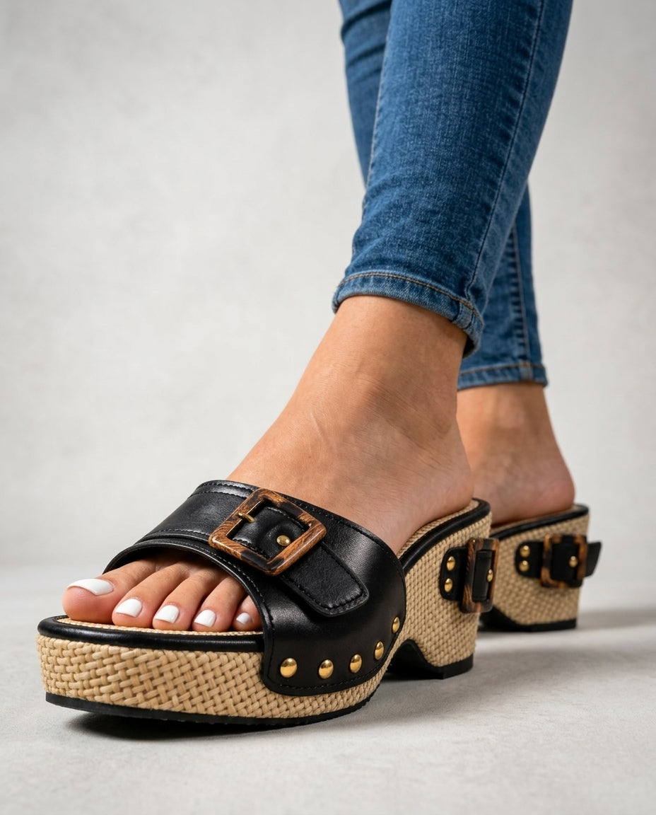 Sabine Women's Arch Support Raffia Platform Buckle Slides