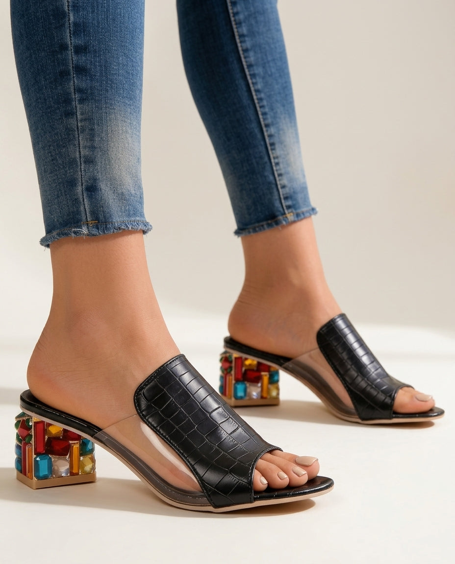 Celeste Women's Cushioned Leather Rhinestone Block Heel Slides