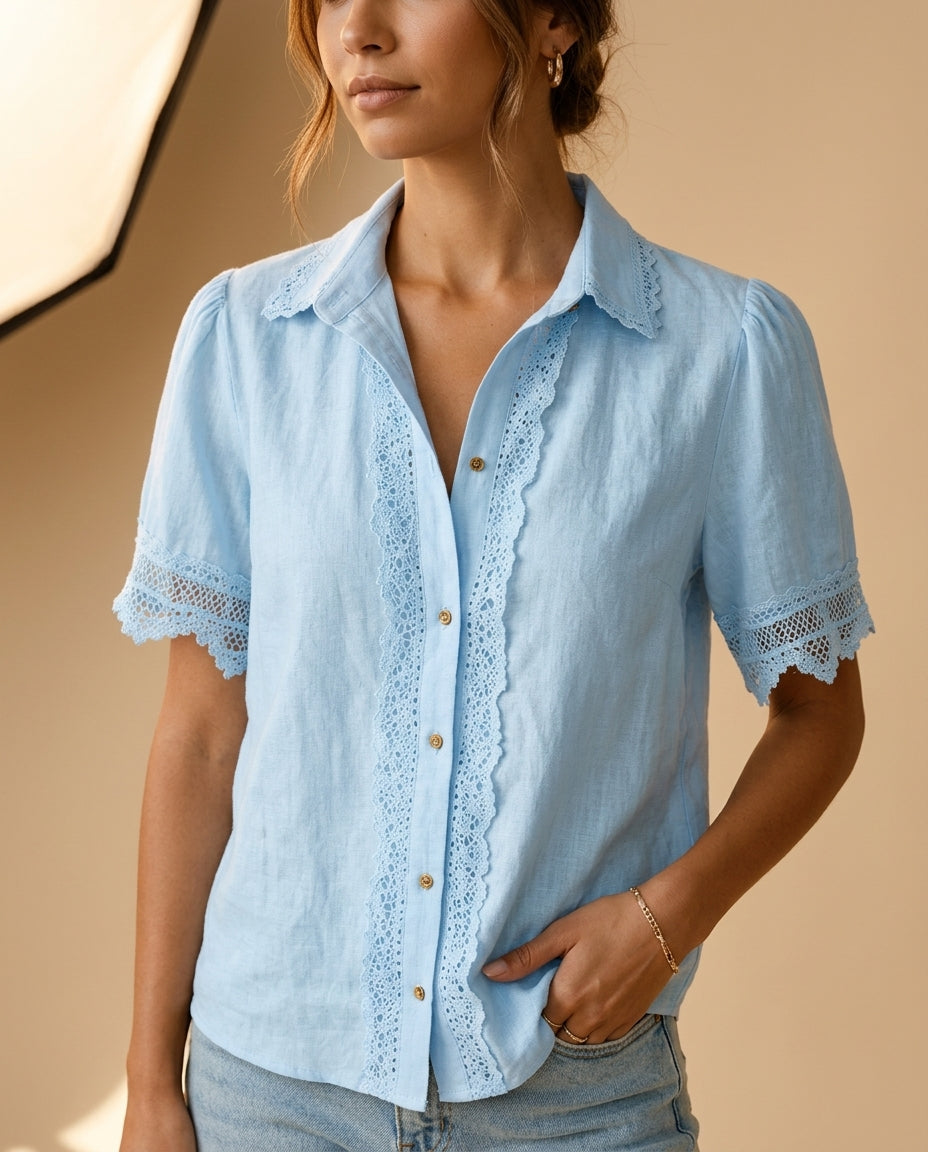 Daphne Women's Lightweight Crochet Button Front Blouse