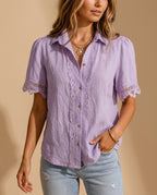 Daphne Women's Lightweight Crochet Button Front Blouse