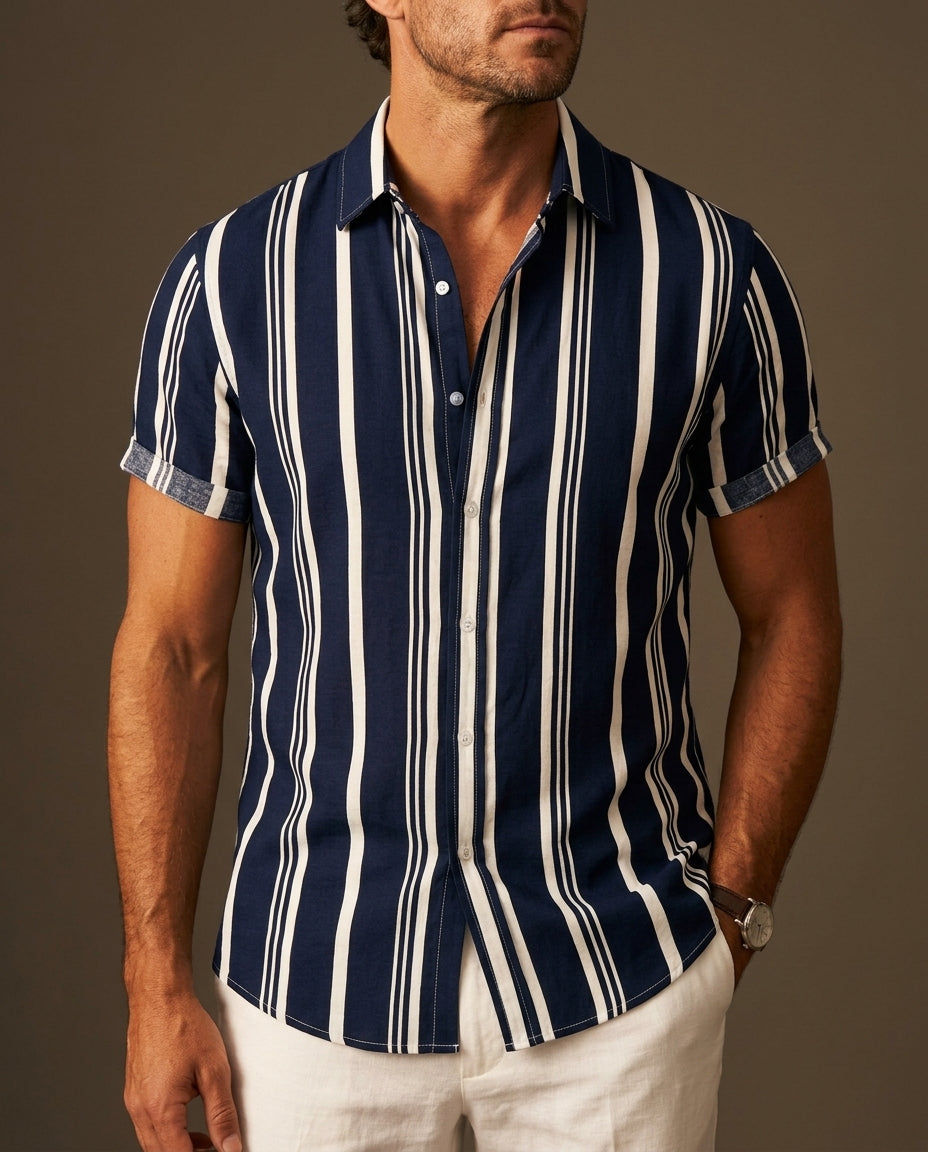 Carlo Men's Lightweight Rayon Striped Camp Collar Shirt