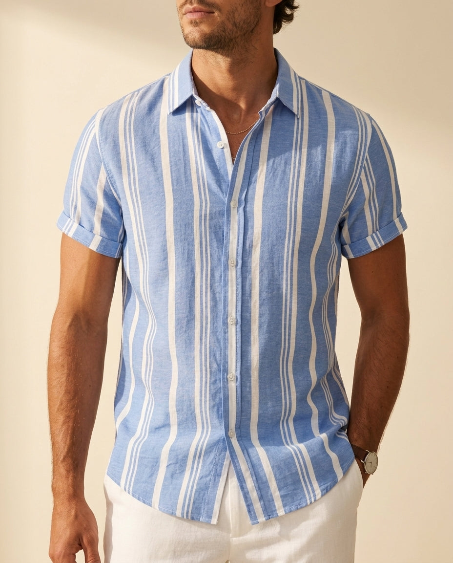 Carlo Men's Lightweight Rayon Striped Camp Collar Shirt