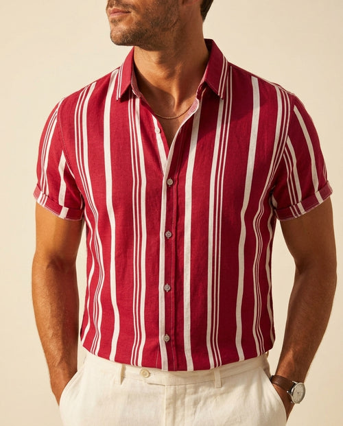 Carlo Men's Lightweight Rayon Striped Camp Collar Shirt