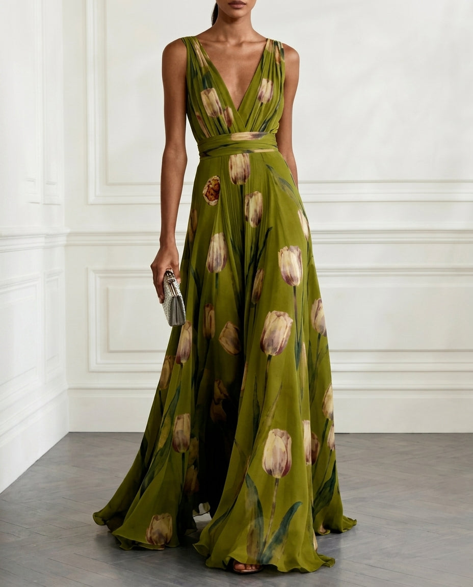 Eloise Women's Lightweight Chiffon Floral V Neck Maxi Dress, Olive / XS
