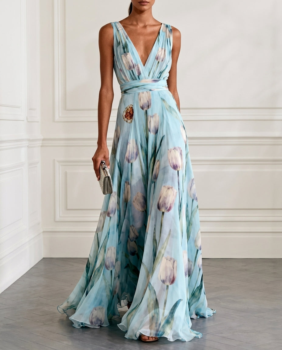 Eloise Women's Lightweight Chiffon Floral V Neck Maxi Dress, Blue / XS