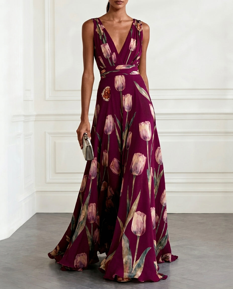 Eloise Women's Lightweight Chiffon Floral V Neck Maxi Dress, Wine / XXL