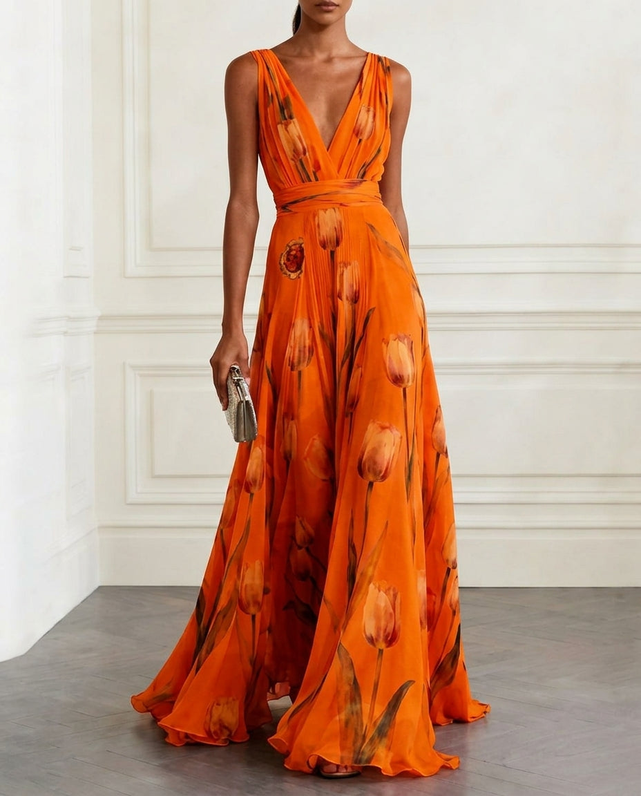 Eloise Women's Lightweight Chiffon Floral V Neck Maxi Dress, Orange / XL