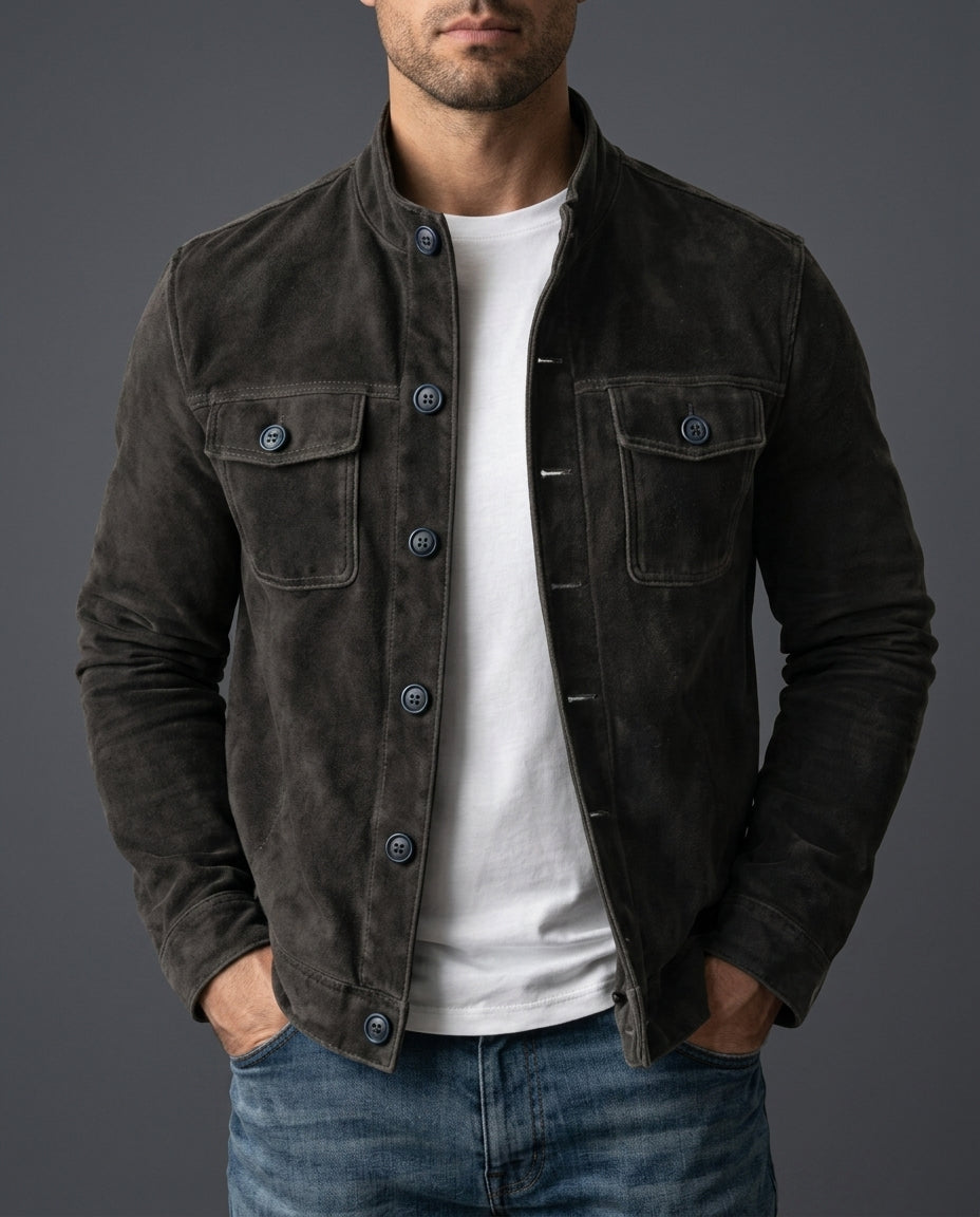 Damon Men's Suede Stand Collar Button Jacket