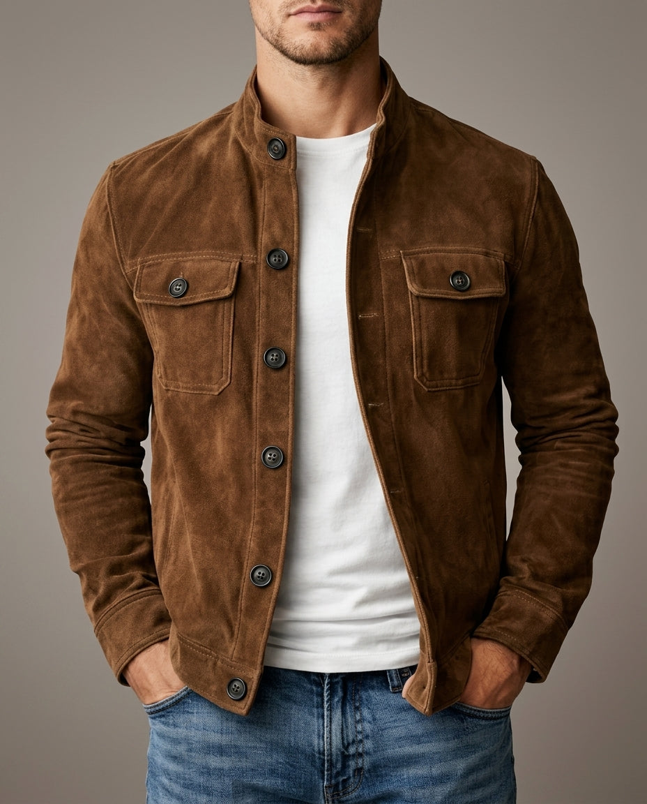 Damon Men's Suede Stand Collar Button Jacket